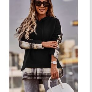 Black and plaid layered look boyfriend hoodie